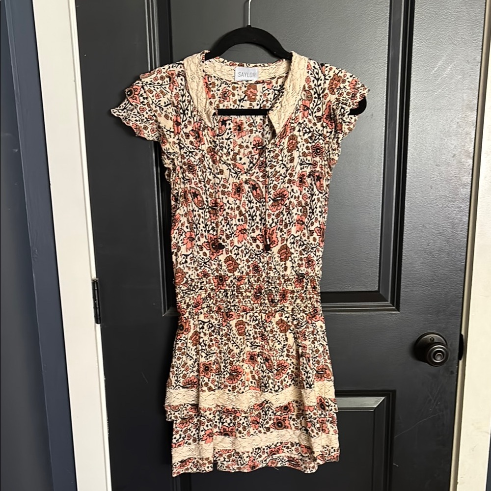 SAYLOR Brown and Tan Mini Sundress with Peter Pan Collar